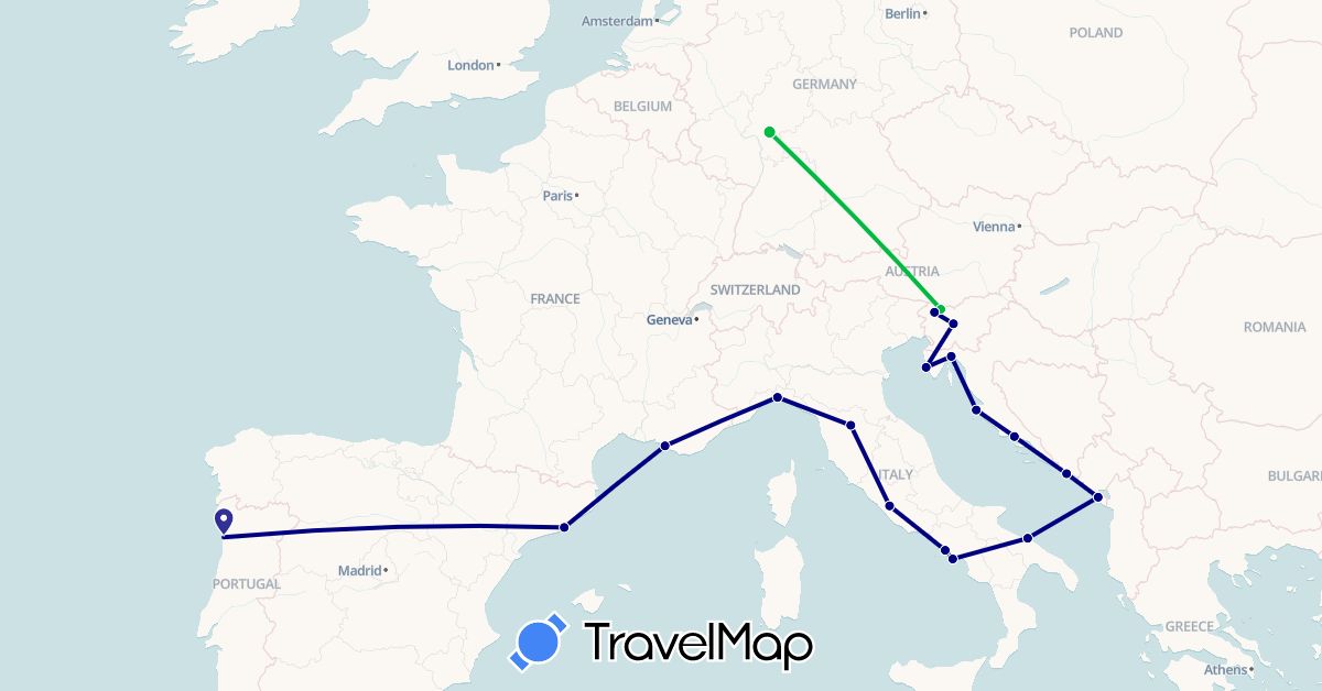TravelMap itinerary: driving, bus in Germany, Spain, France, Croatia, Italy, Montenegro, Portugal, Slovenia (Europe)